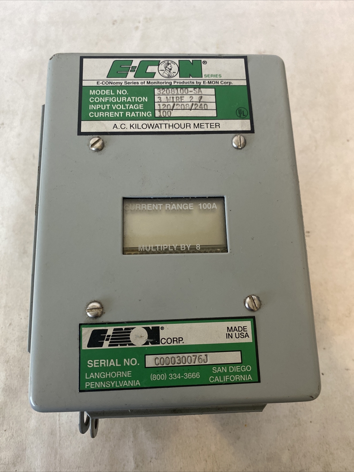 E-MON Corp. E-CON 3208100-SA A.C. Kilowatthour Meter, 100 Amp. READ