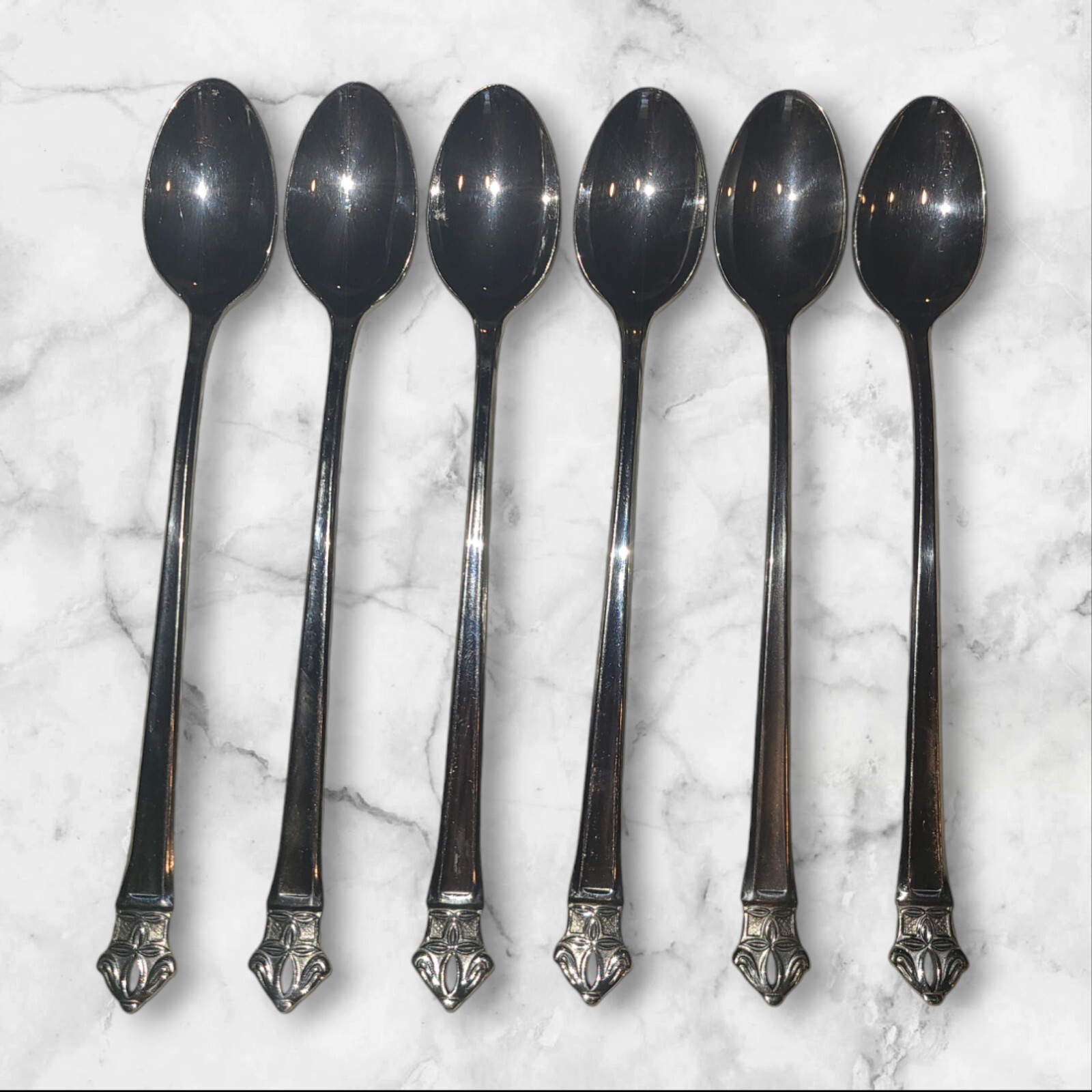 6 Iced Teaspoons Ekco Eterna Padua Stainless Flatware Marked Gold Plate
