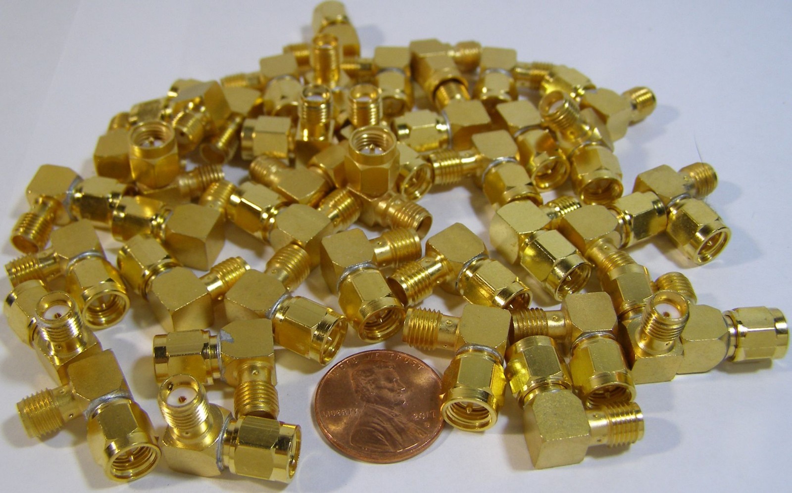 THIRTY-EIGHT ELBOW ADAPTERS/CONNECTORS MALE TO FEMALE GOLD UNKNOWN BRAND A-60