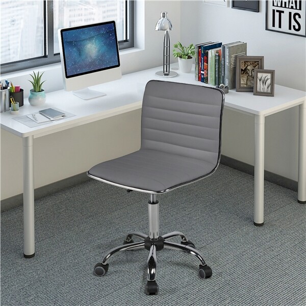 Low Back Armless Office Chair, PU Leather Ribbed Armless Swivel Task Chair Grey