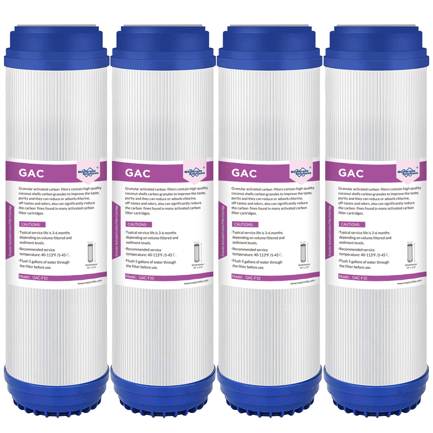 4 Pack 5μm 10x2.5" Granular Activated Carbon Water Filter GAC Sediment Cartridge