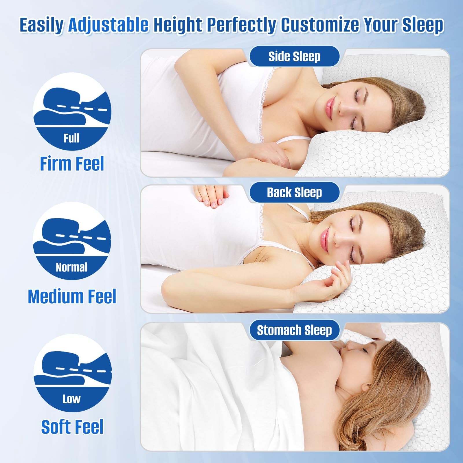 Memory Foam Bed Pillow, Adjustable Cooling Pillow Set Of 2, Queen, White