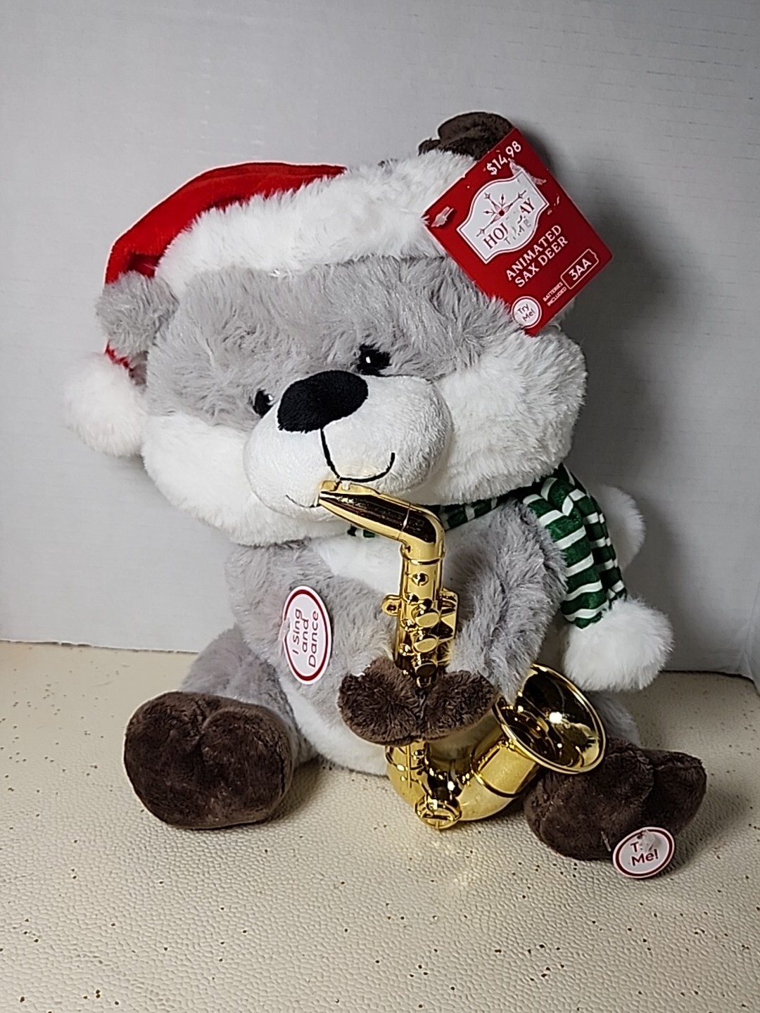Animated Musical LIght Up  14" Saxophone Deer w Cap and Scarf Holiday Time