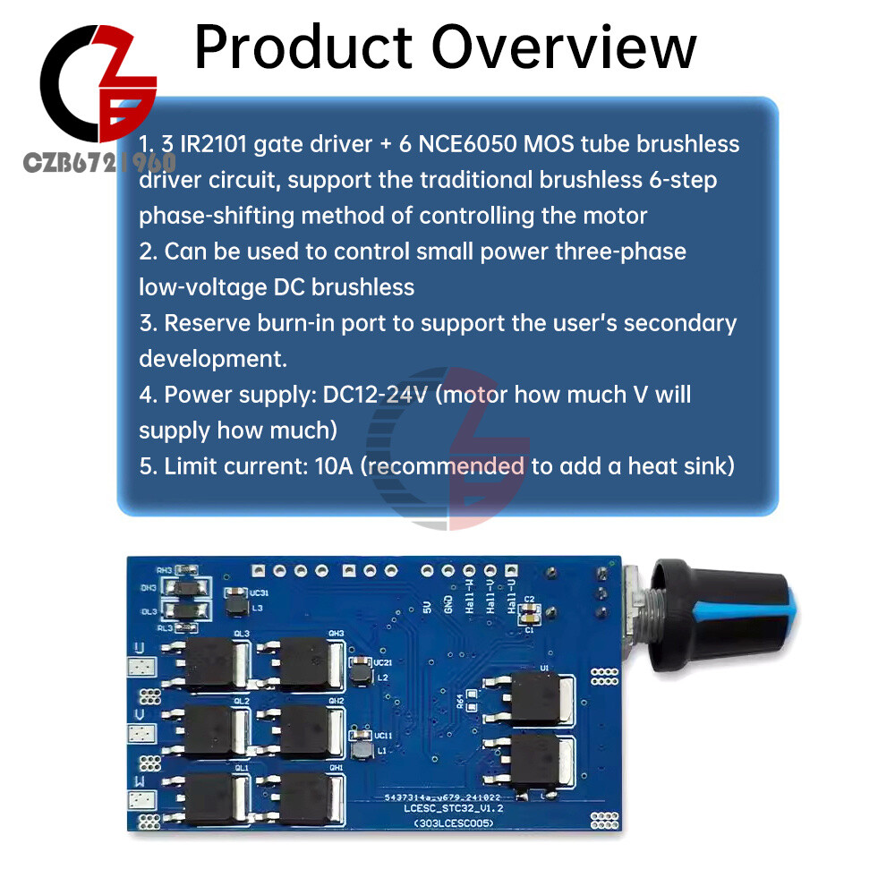 3-Phase Brushless Motor ESC Speed Controller Module W/ Hall DC12-24V 10A STC32G