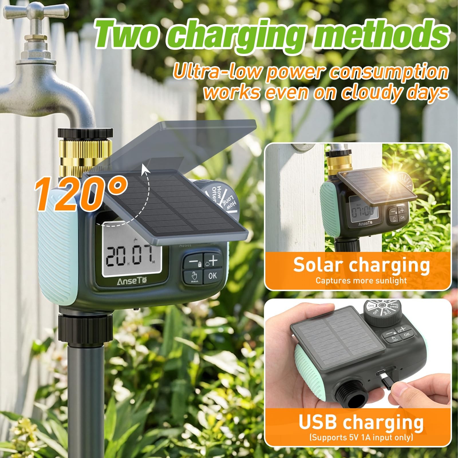 Solar Sprinkler Timer, Type~C Rechargeable, Programmable Faucet Controller