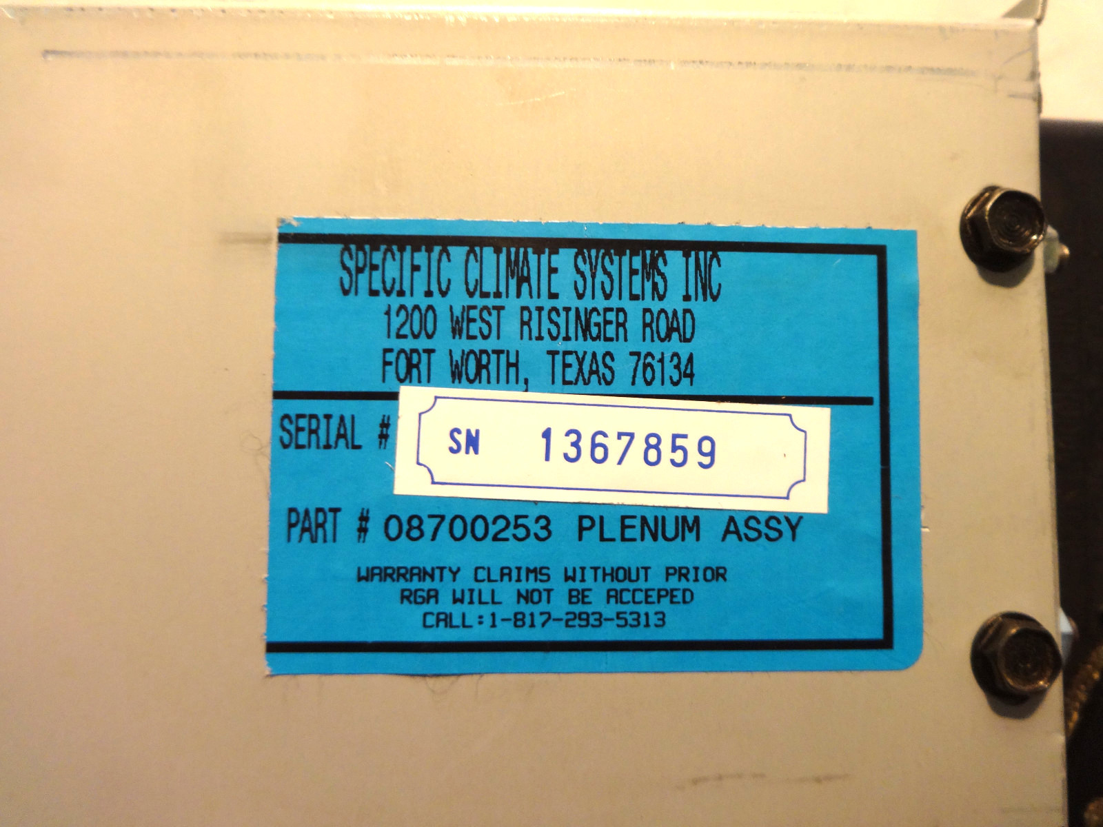 NEW SPECIFIC CLIMATE SYSTEM P/N 08700253 PLENUM ASSEMBLY