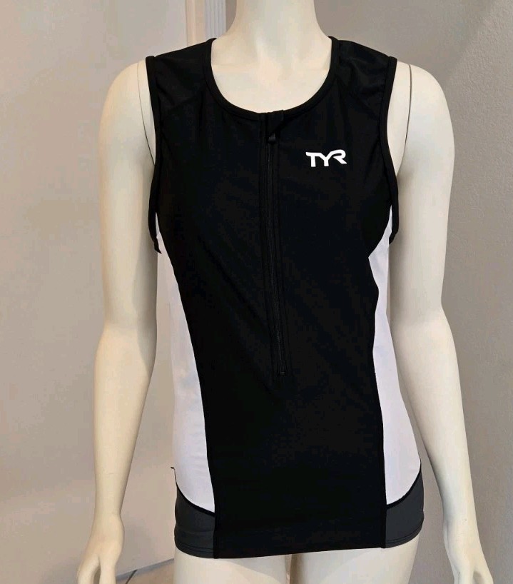 TYR Mens Competitor Triathlon Singlet Black White 3/4-Zip 3 Back Pockets EUC XL
