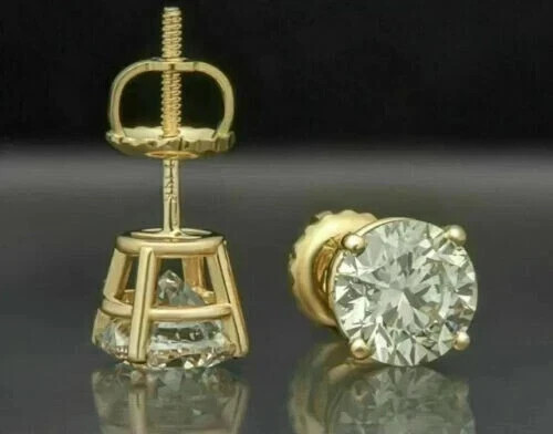 2Ct Lab Created Diamond 14K Yellow Gold Plated Solitaire Stud Earring Screw Back