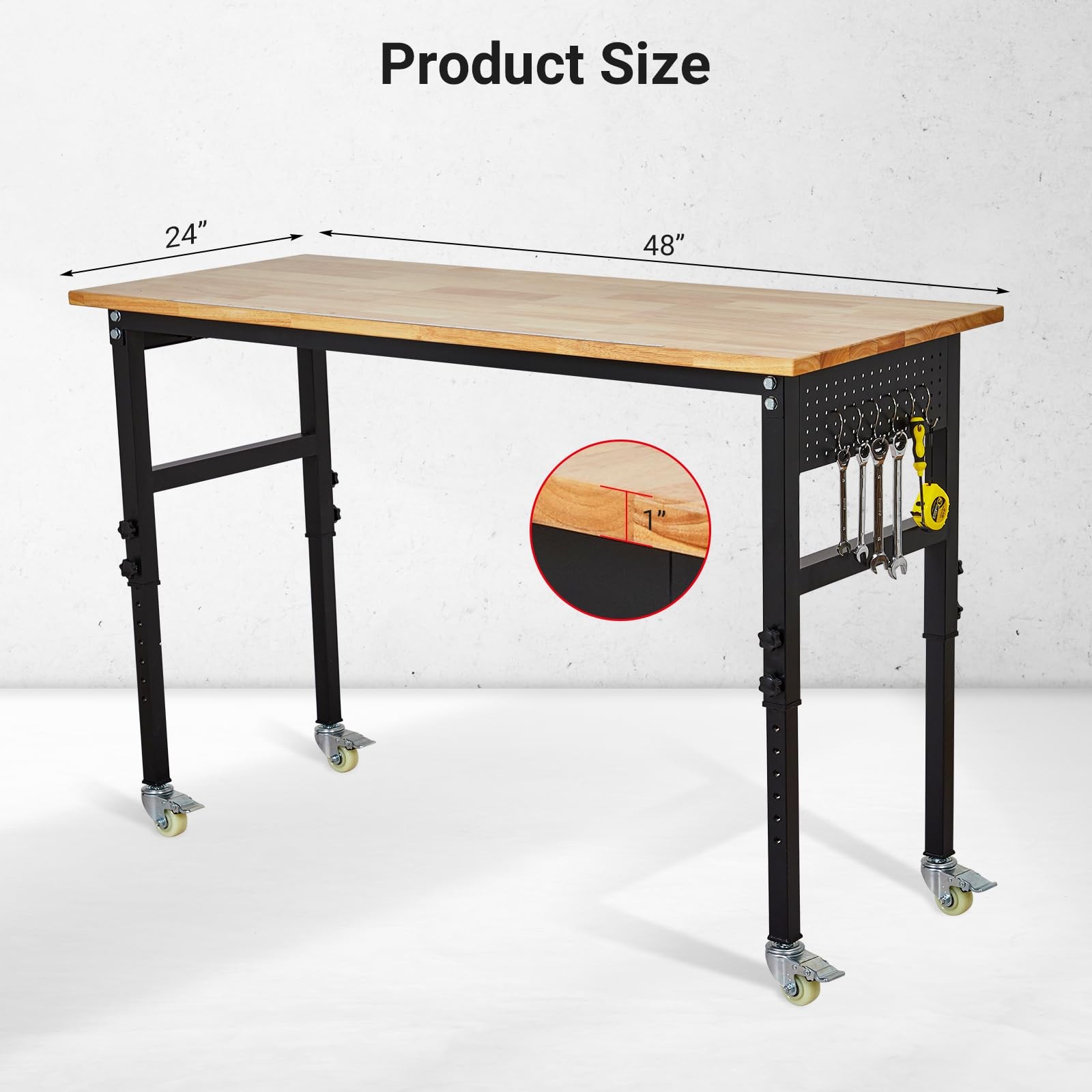 48" Adjustable Workbench with Wheels ,2000 Lbs Rubber Wood Work Table for Garage