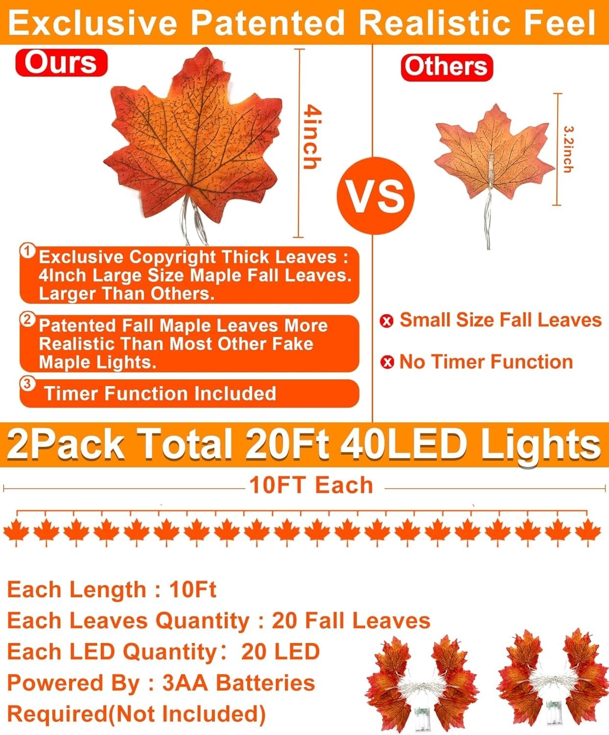 2 Pack Fall Decor Enlarged Maples Leafed Lights Total 20Ft 40LED Fall Decorat...