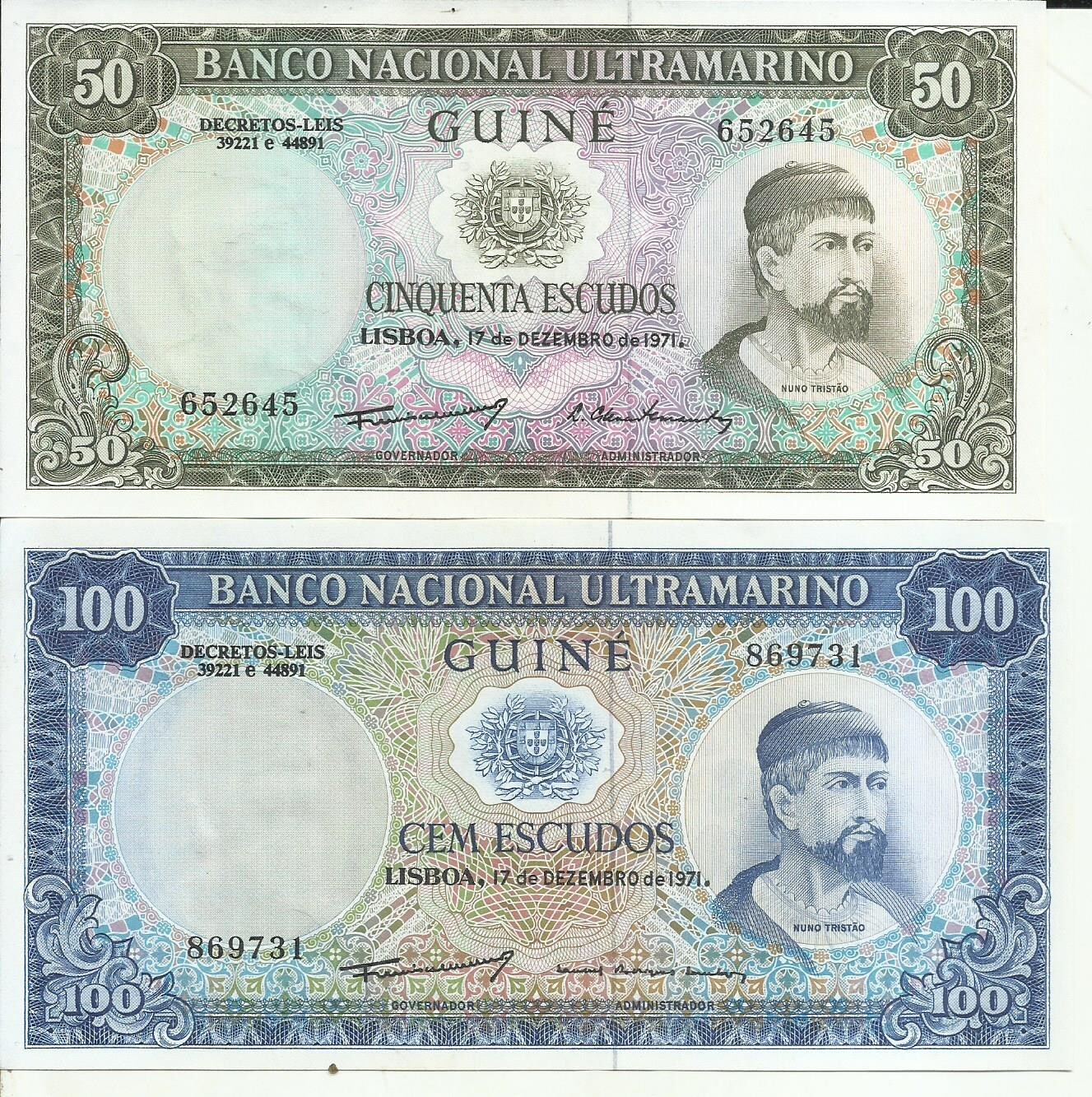 PORTUGUESE GUINEA LOT SET 100+50 ESCUDOS 1971  P 45+44. UNC CONDITION. 4RW 01OCT
