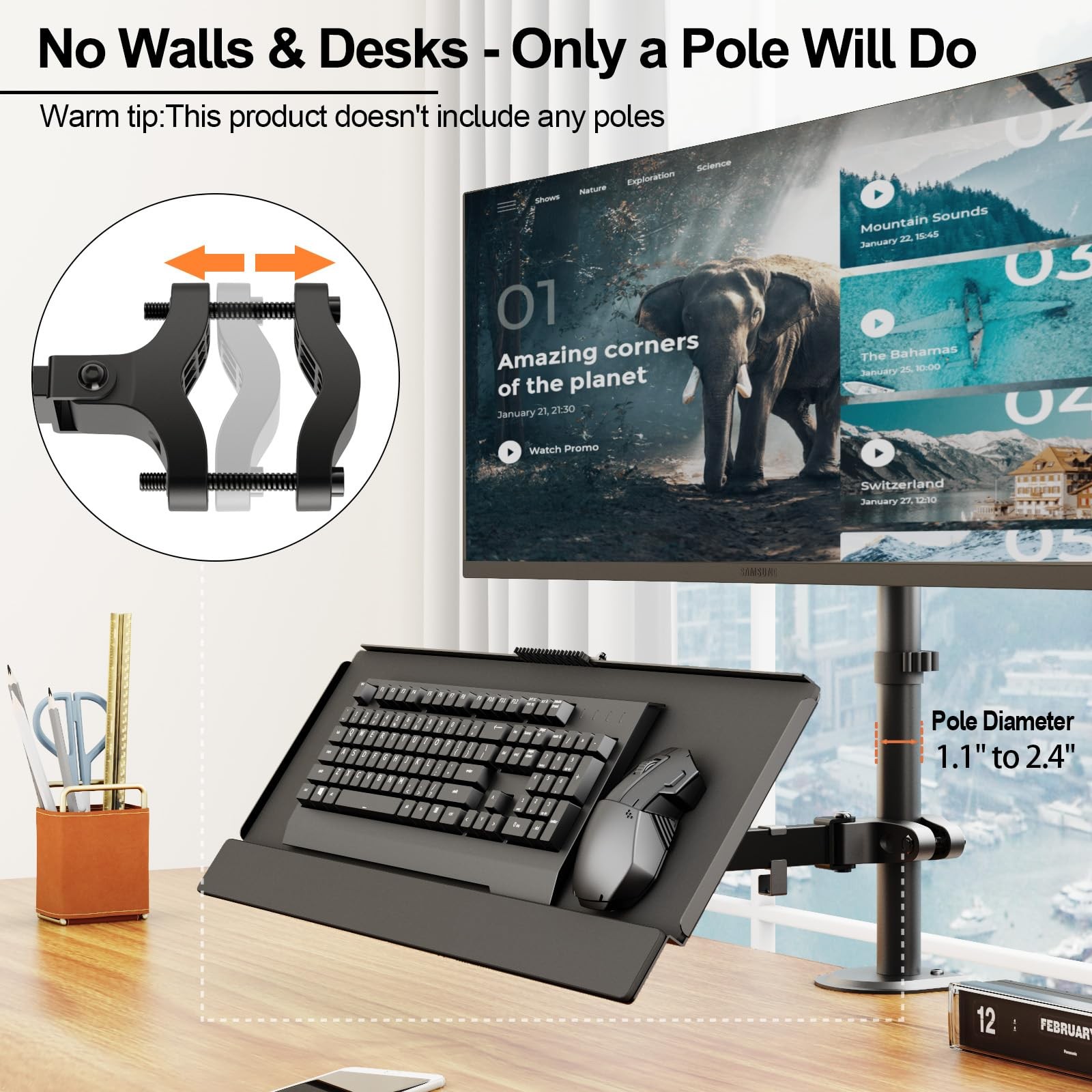 Keyboard Mouse Tray Pole Mount Adjustable Tilt Rotation Holder Bracket Black