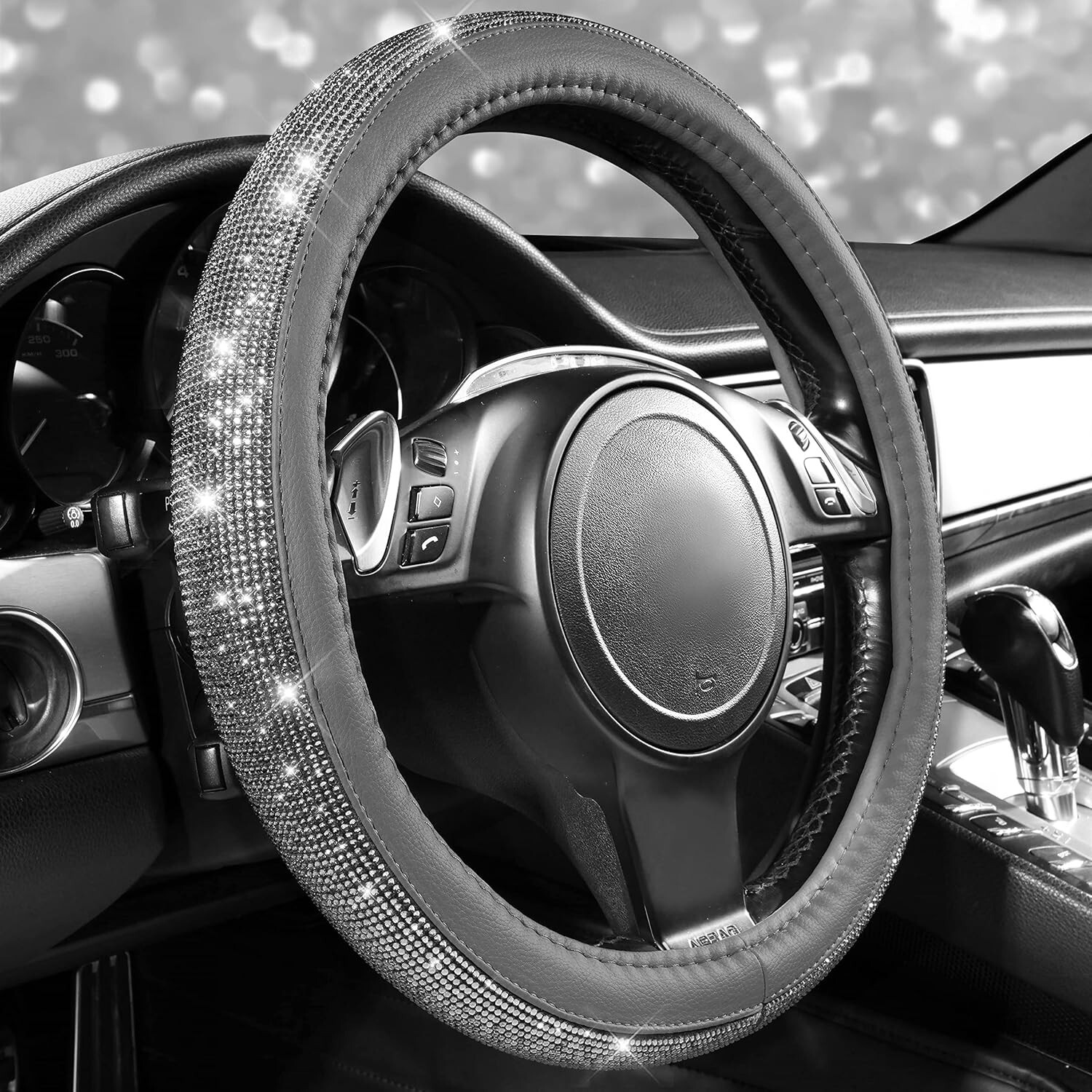 15" Gray PU Leather Bling Crystal Diamond Steering Protector Cover Universal