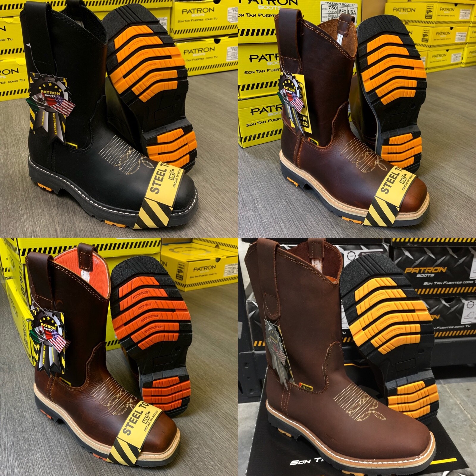 MEN'S SQUARE STEEL TOE WORK BOOTS GENUINE SOFT LEATHER COWBOY PULL ON BOTAS