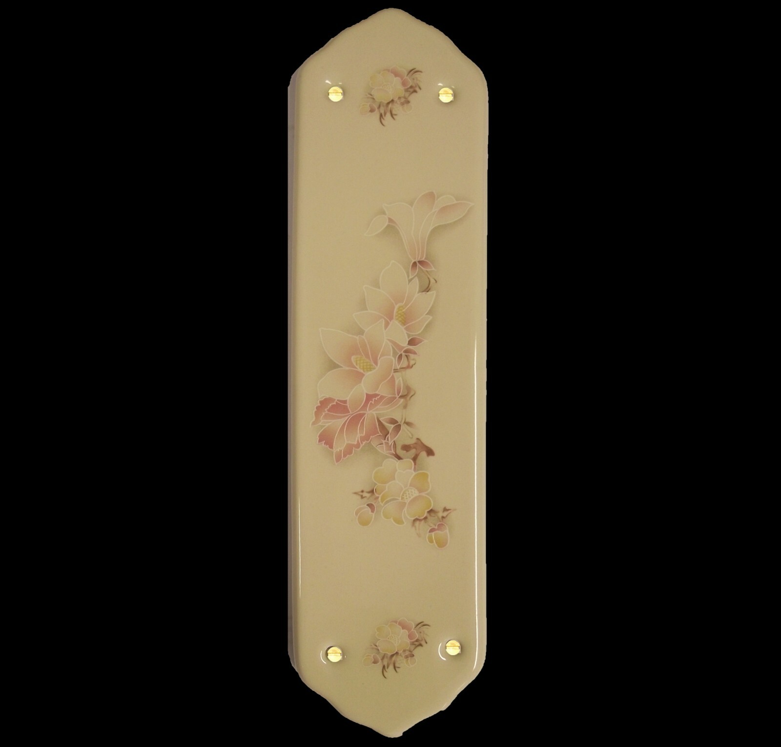 Cream Porcelain Fingerplate Door Push Plate 11" x 3" Brown Pompadour Design