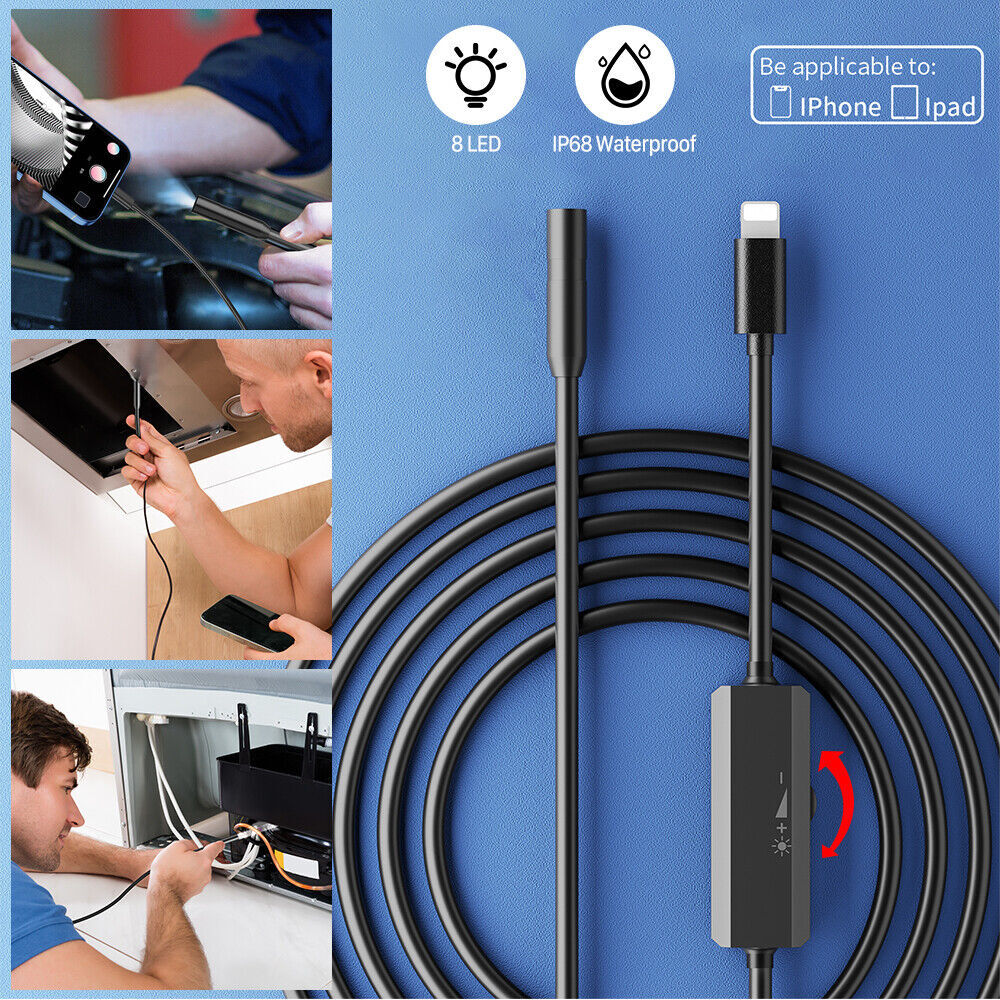Plug&Play Borescope Endoscope Snake Inspection Camera for iPhone 14 13 12 11 iOS