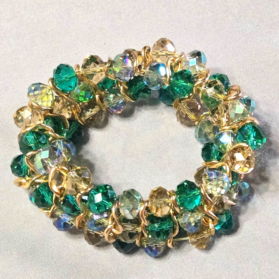 Green Beaded Multi-Row Stretch Cuff Bracelet Gold Chain Accent