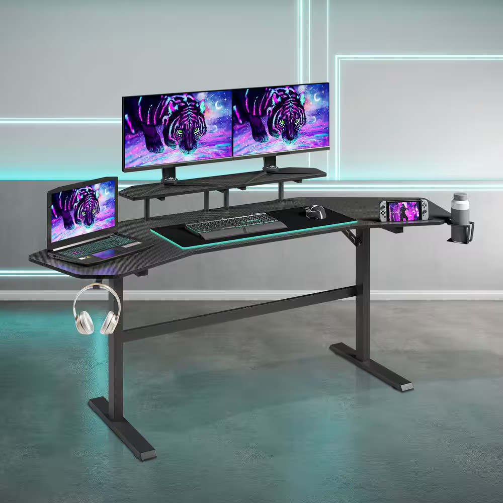 70.5 in Rectangular Black Carbon Fiber like Desk with Shelves and Tablet Holder