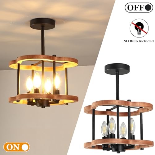 4-Light Rustic Semi Flush Mount Ceiling Light, 13" Farmhouse Wood Close to
