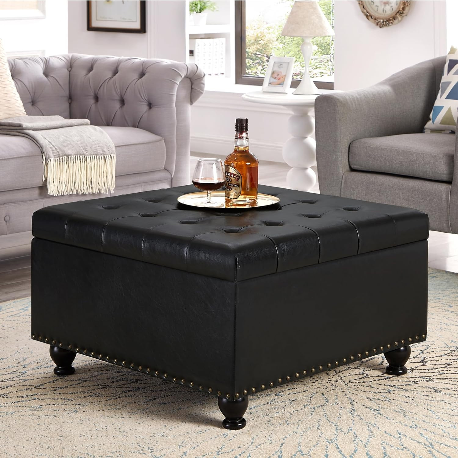 Stylish Black Faux Leather Storage Ottoman with Tufted Top and Nail Trim