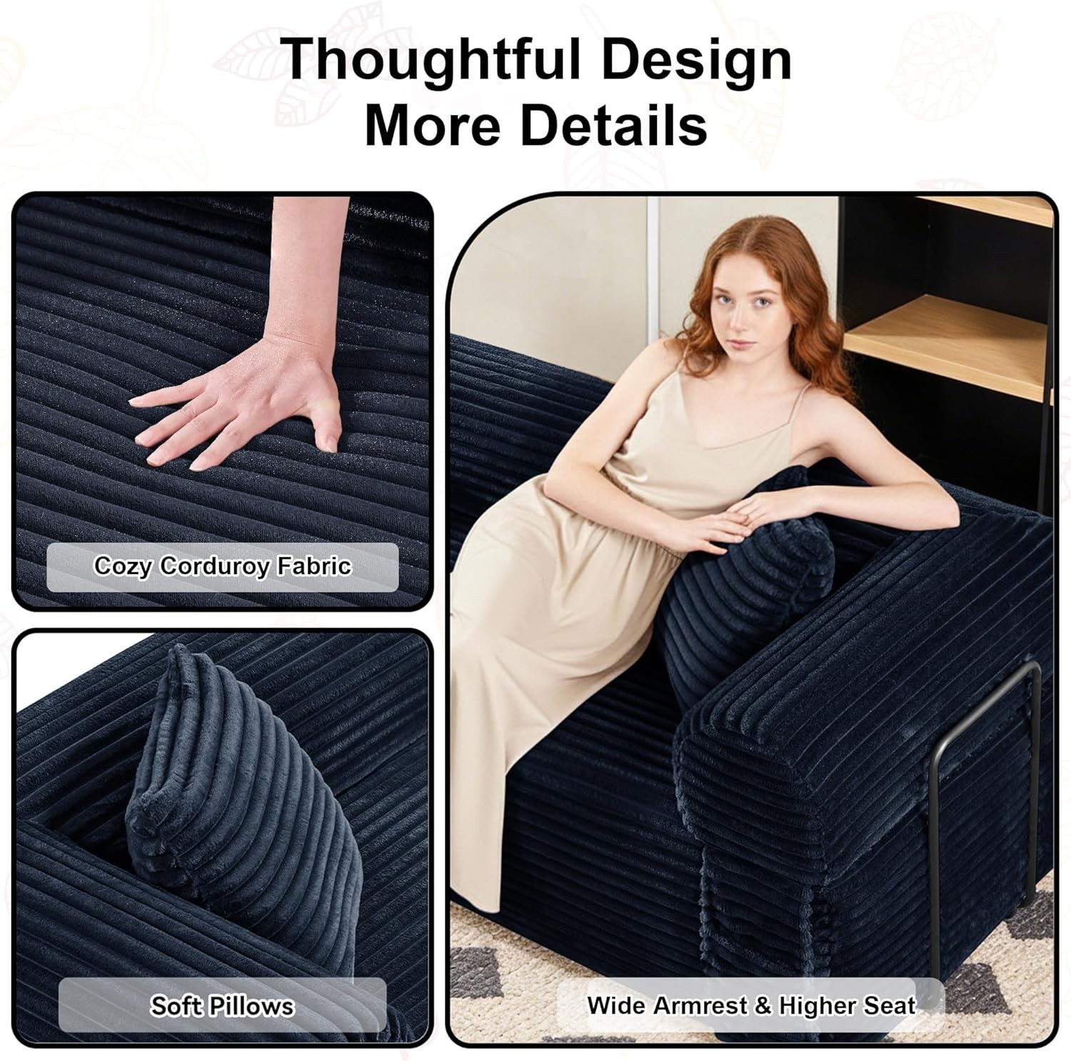 Boneless Convertible Couch Corduroy Sofa with 2 Pillows + Removable Backrest