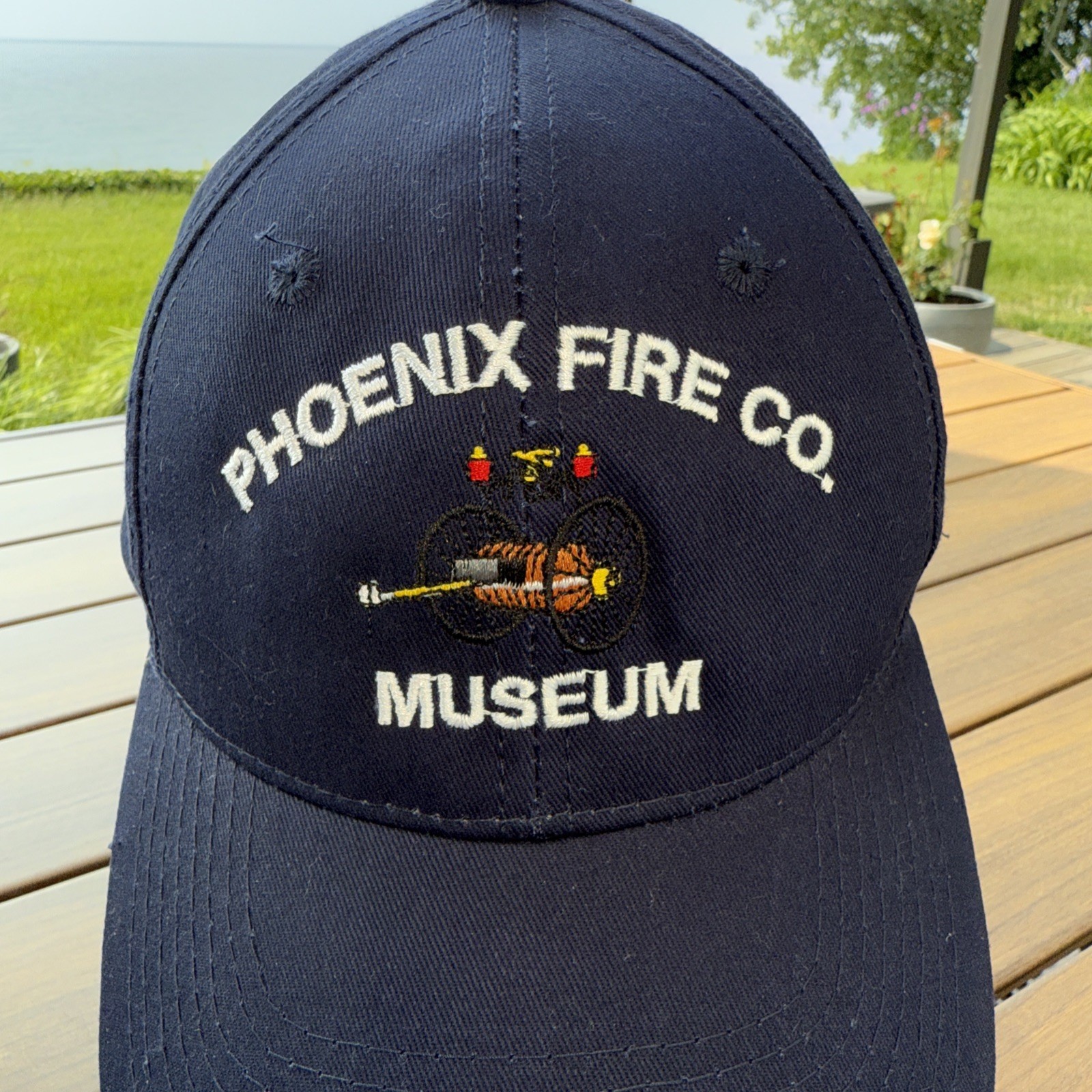 Phoenix Fire Co Museum White on Navy Hat Cap Hook Loop EUC Antique Fire Piece
