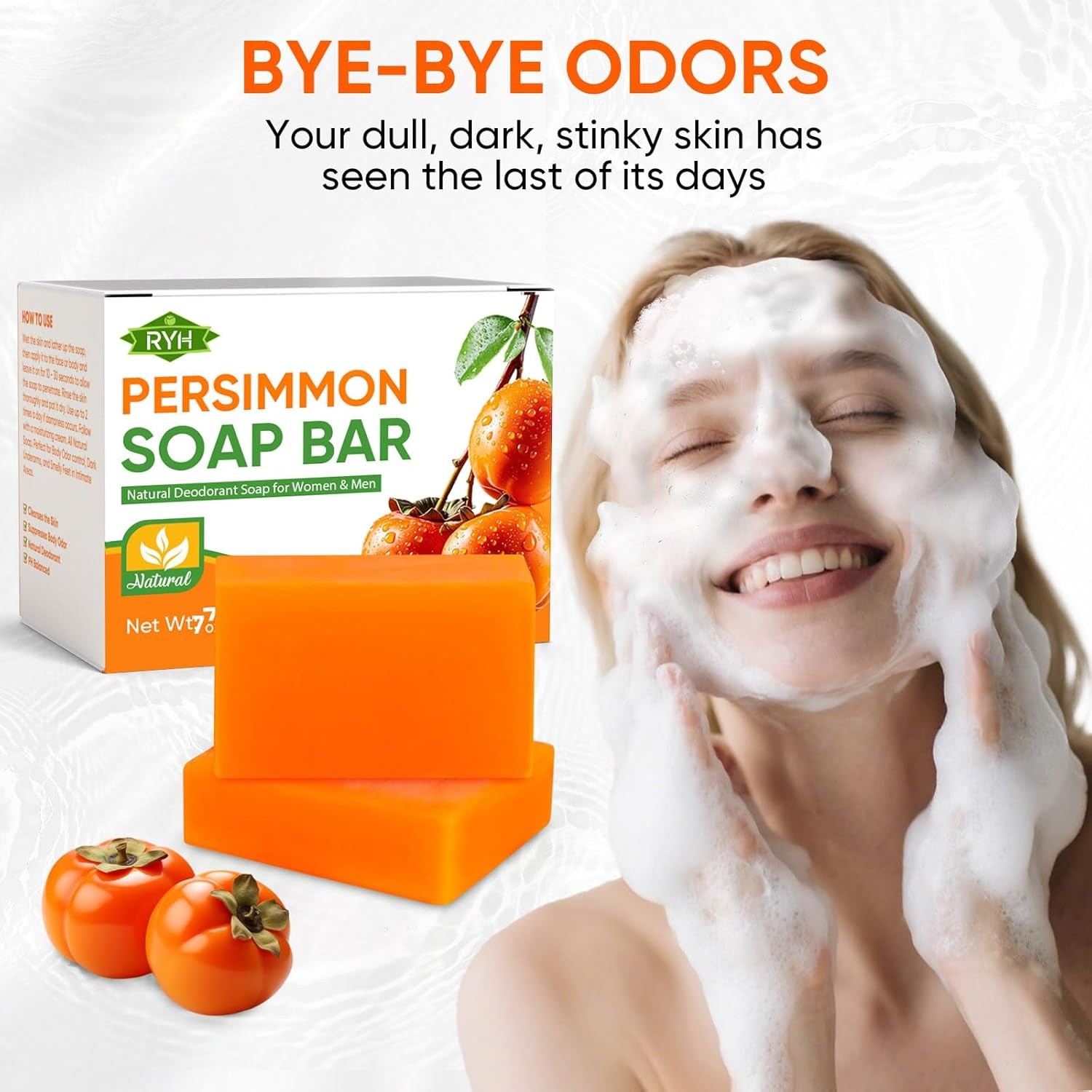 RYH 2 PCS Persimmon Soap Bar for Body Odor Control–Deodorizing & Eliminating B