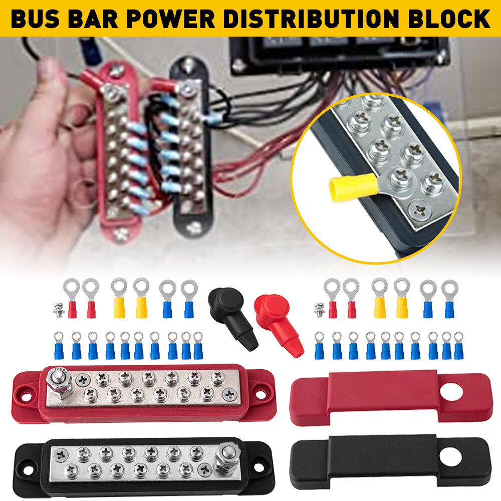 Pair 12 Point Bus Bar Bus Bar Power Distribution Block 180A 12V DC Black & Red