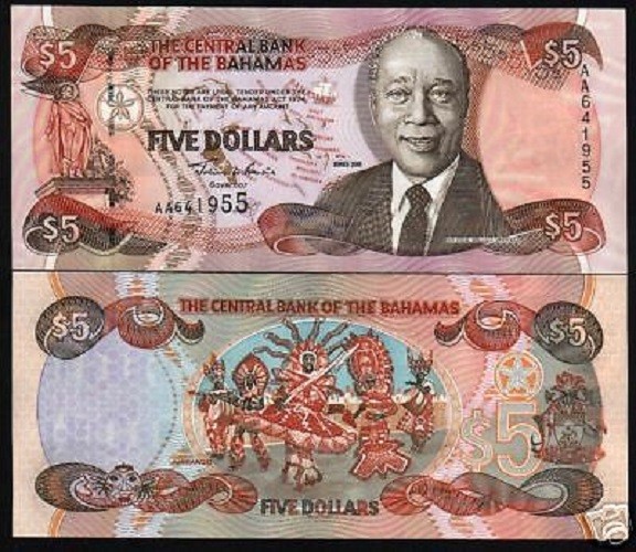 BAHAMAS 5 DOLLARS P-63 2001 COLUMBUS *AA* PREFIX UNC MAP SHIP CURRENCY NOTE