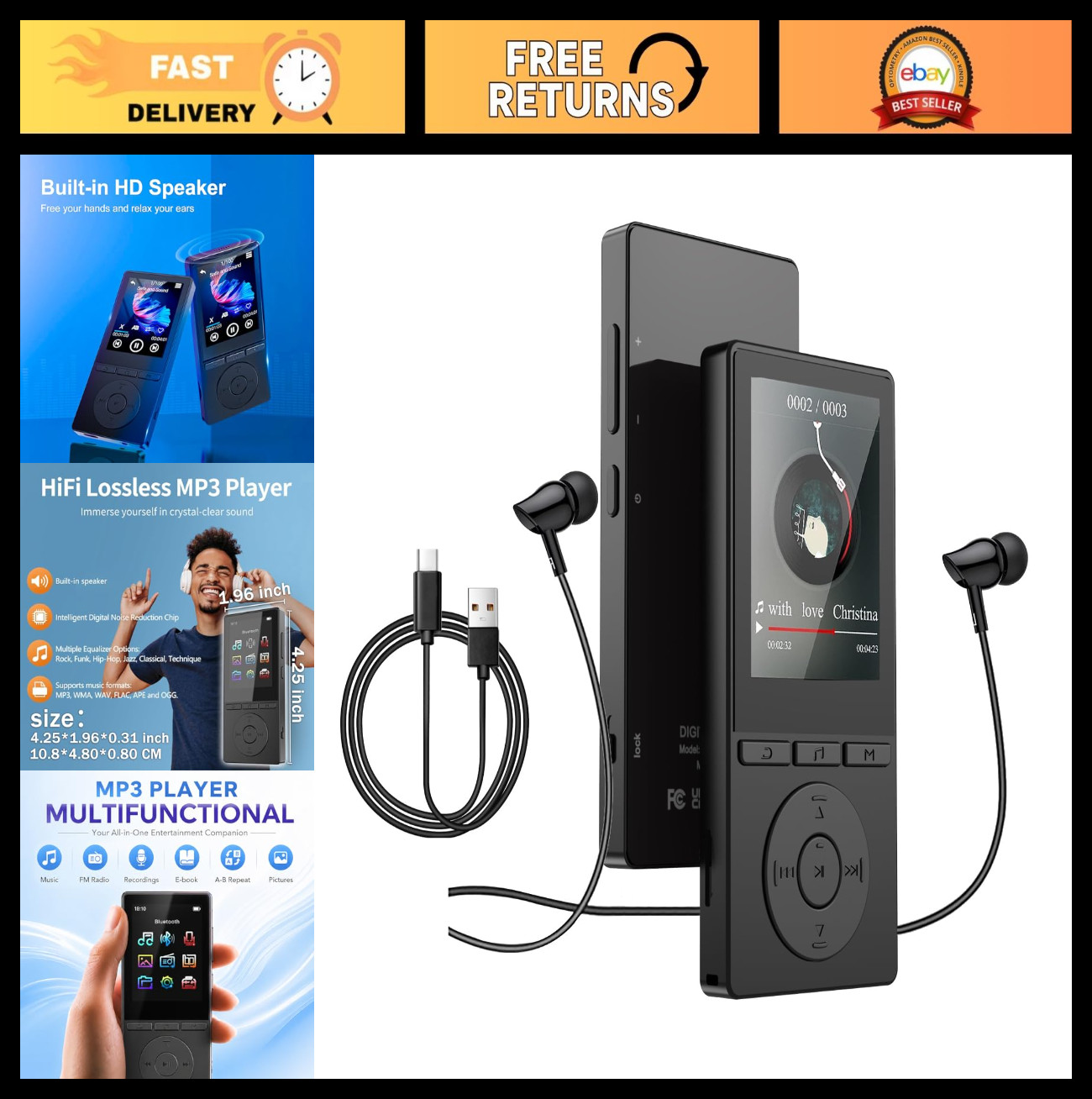 64GB Bluetooth MP3 Player, HiFi Sound Music Player for Sports, 2.4" Screen, Voic