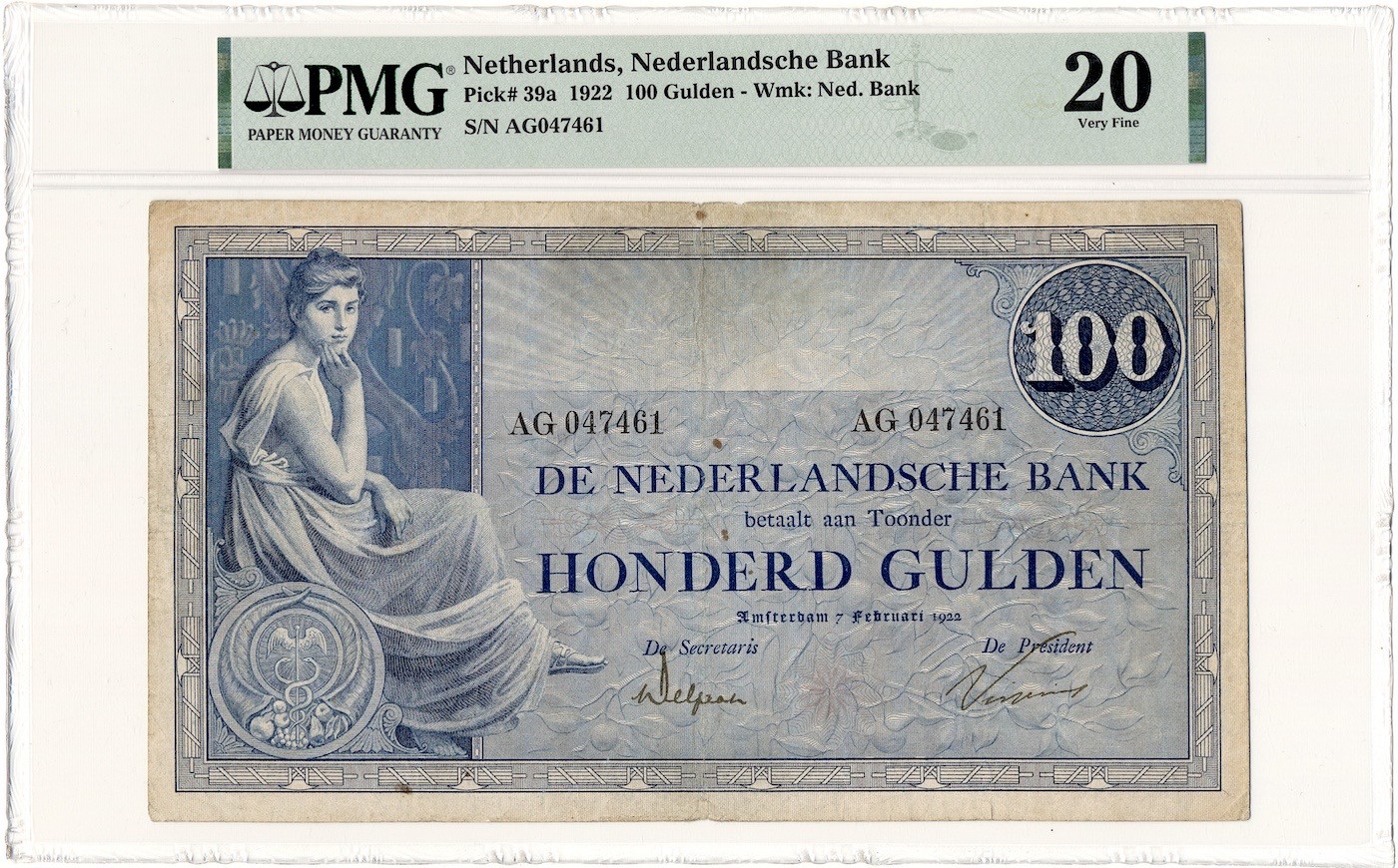 NETHERLANDS banknote 100 Gulden 1922 PMG VF 20 Very Fine