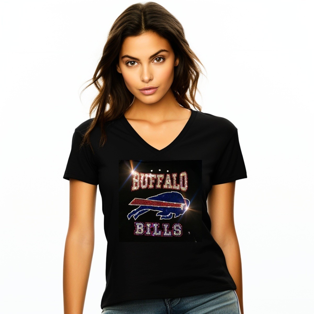 New Buffalo Bills Rhinestone New Womens VNeck Sizes Sm thru 4X Womens sizing