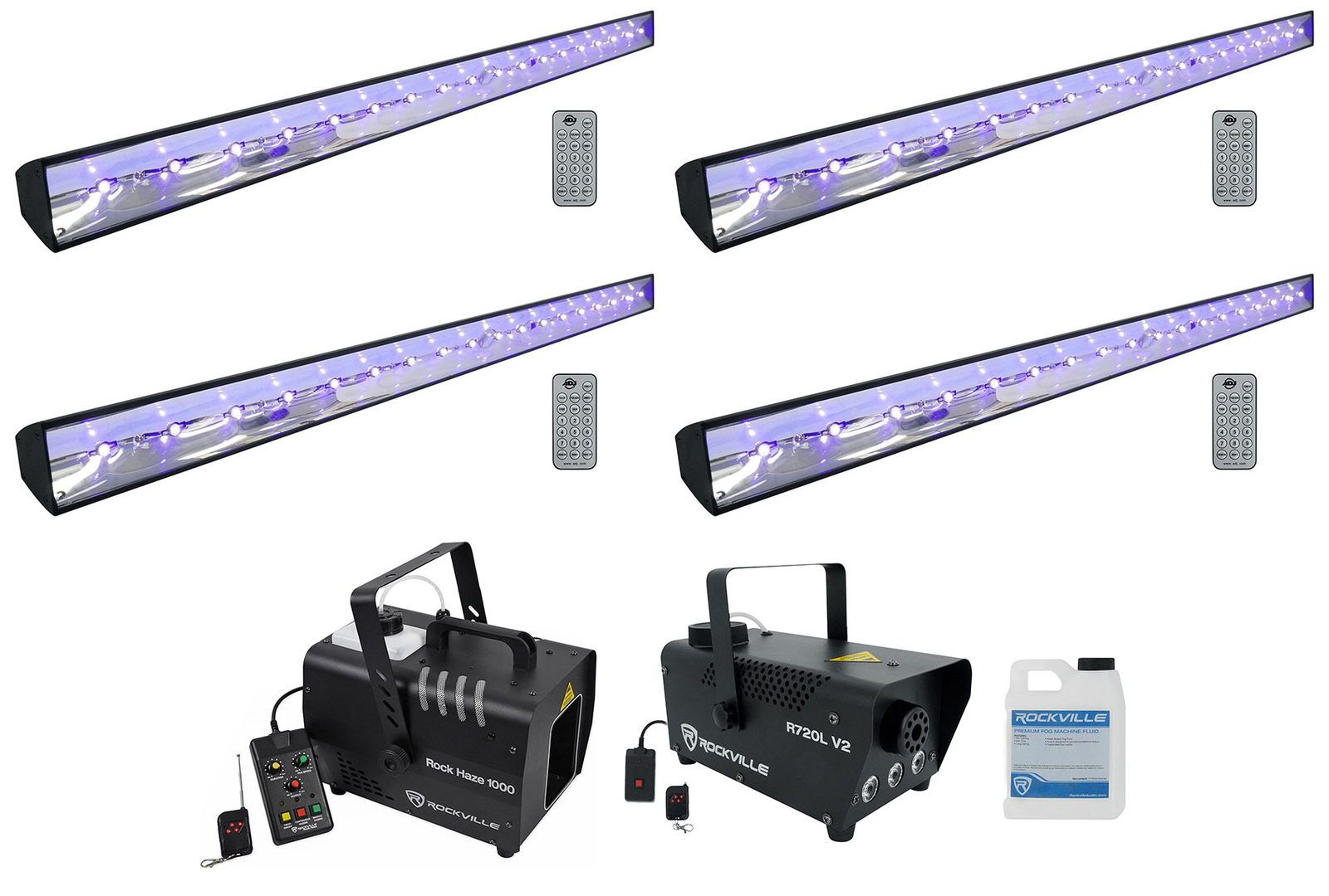 (4) American DJ ECO BAR UV DMX 18x3w LED Bar Black Lights w/Remotes+Fogger+Hazer