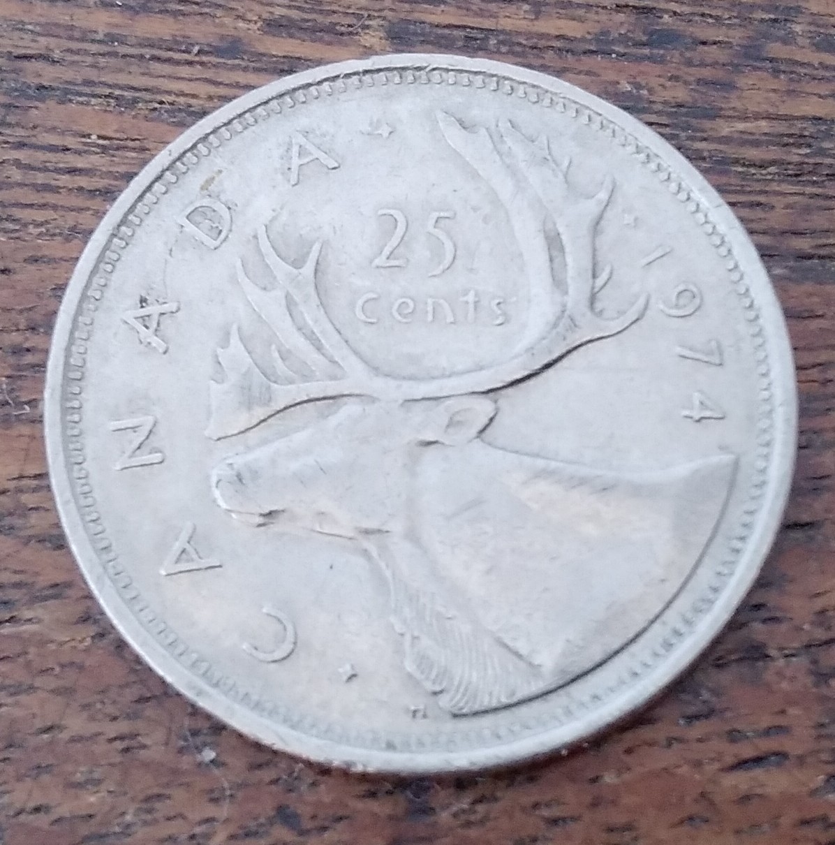 1974 Canada/Canadian 25 cents/Quarter "Caribou" Coin (Circ'd - Est' Grade:"NVF")