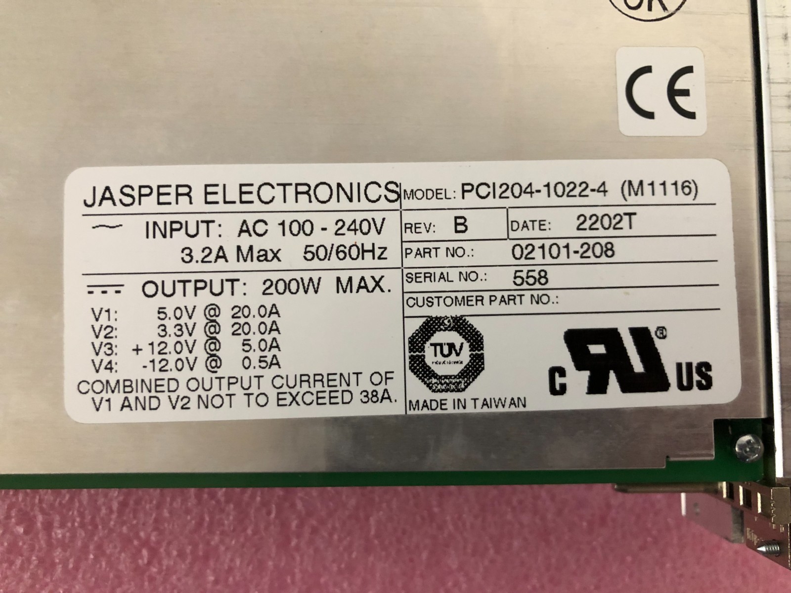 Jasper Electronics 02101-208 Power Supply Module PCI204-1022-4
