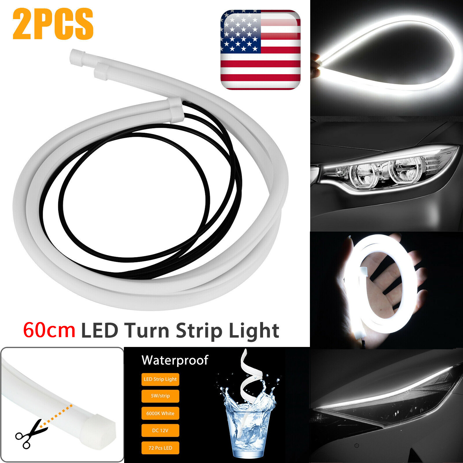 2x 60cm White Flexible Car LED DRL Tube Daytime Running Strip Light Headlight US