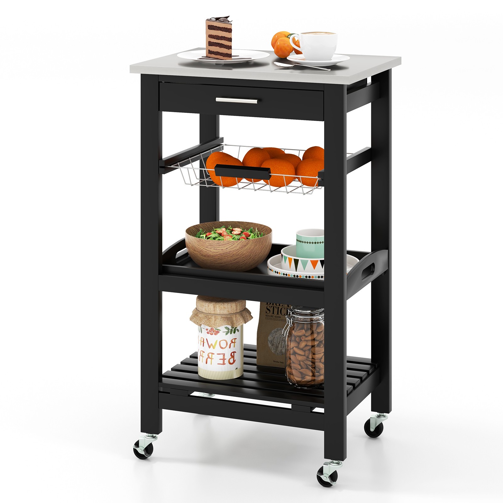 Compact Kitchen Island Cart Rolling Service Trolley w/Stainless Steel Top Basket