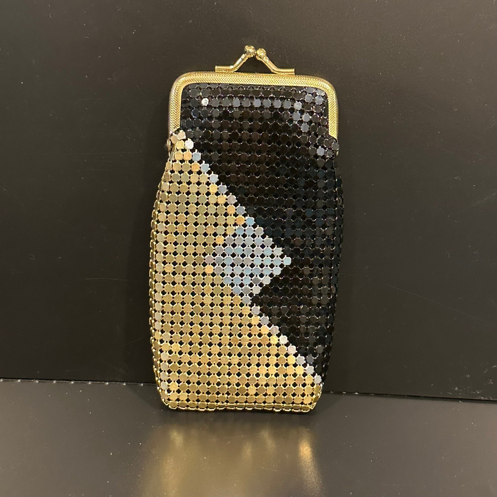 Vintage Metal Mesh Eyeglass Case Kiss Lock Gold Black Silver Geometric Clutch
