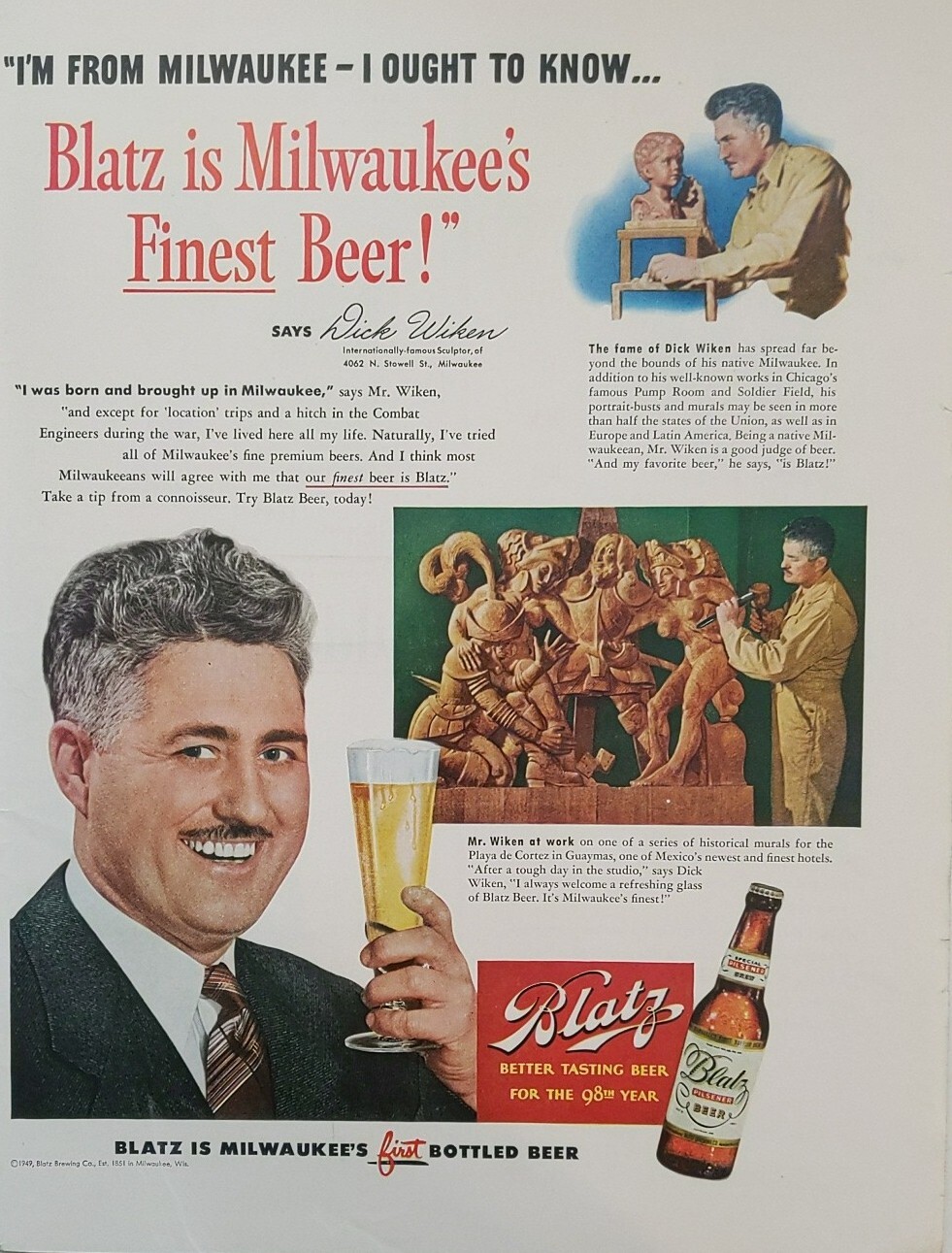 1949 vintage Dick Wiken Baltz beer ad. Post World War II print ad.
