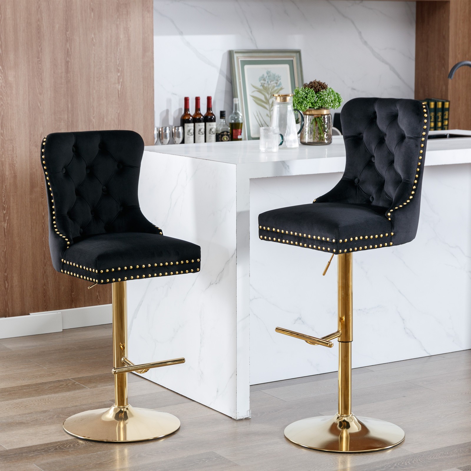 A&A Furniture Golden Swivel Velvet Barstools - Adjustable (27-35"), Tufted