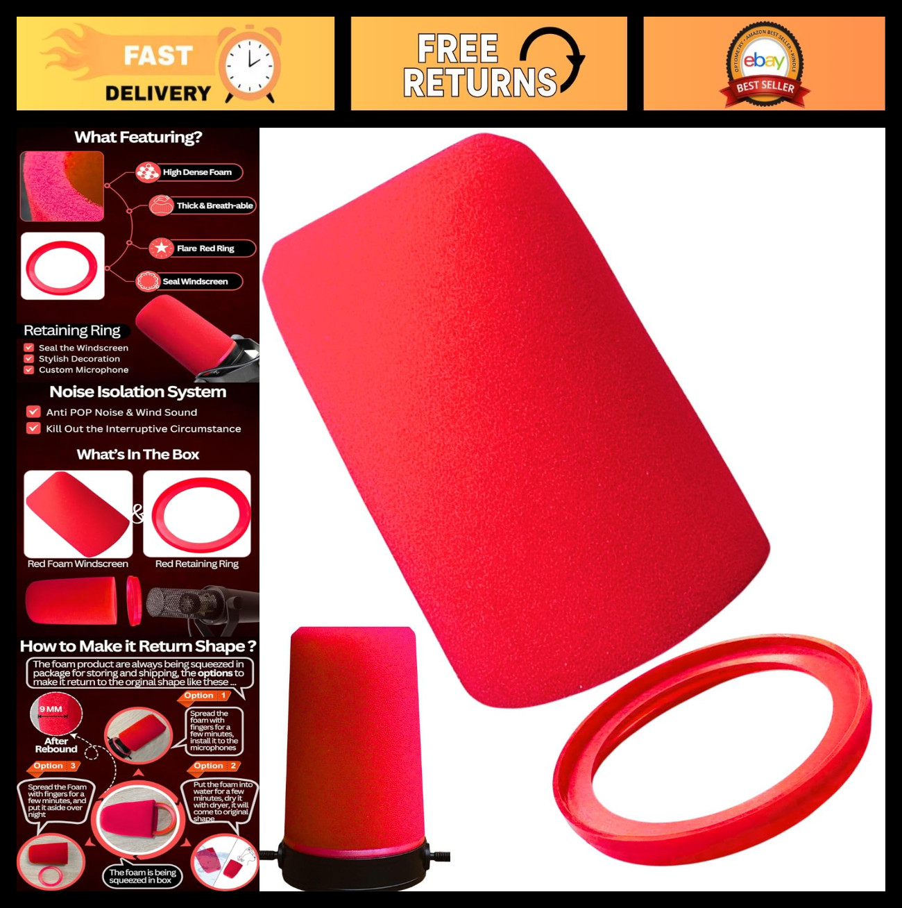 Pop Filter Foam Windscreen for SM7B, MV7, MV7X - Red Replacement with Seal