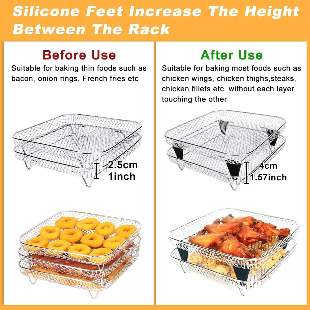 BYKITCHEN 8 inch Square Air Fryer Rack, 3pcs Stackable for 6-7.5 QT, Silver