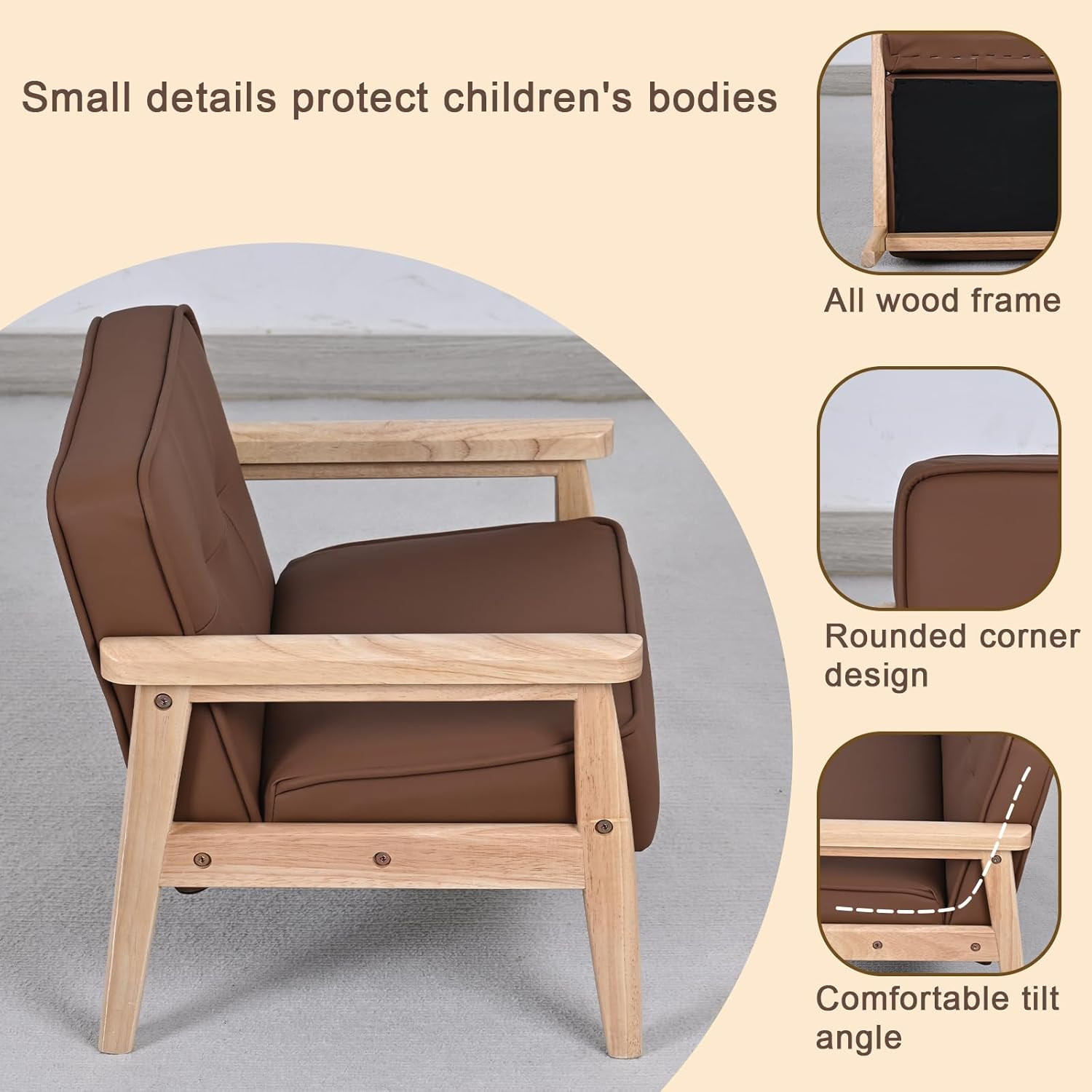 Cozy Toddler Armchair with Solid Wood Arms & PU Leather - Brown