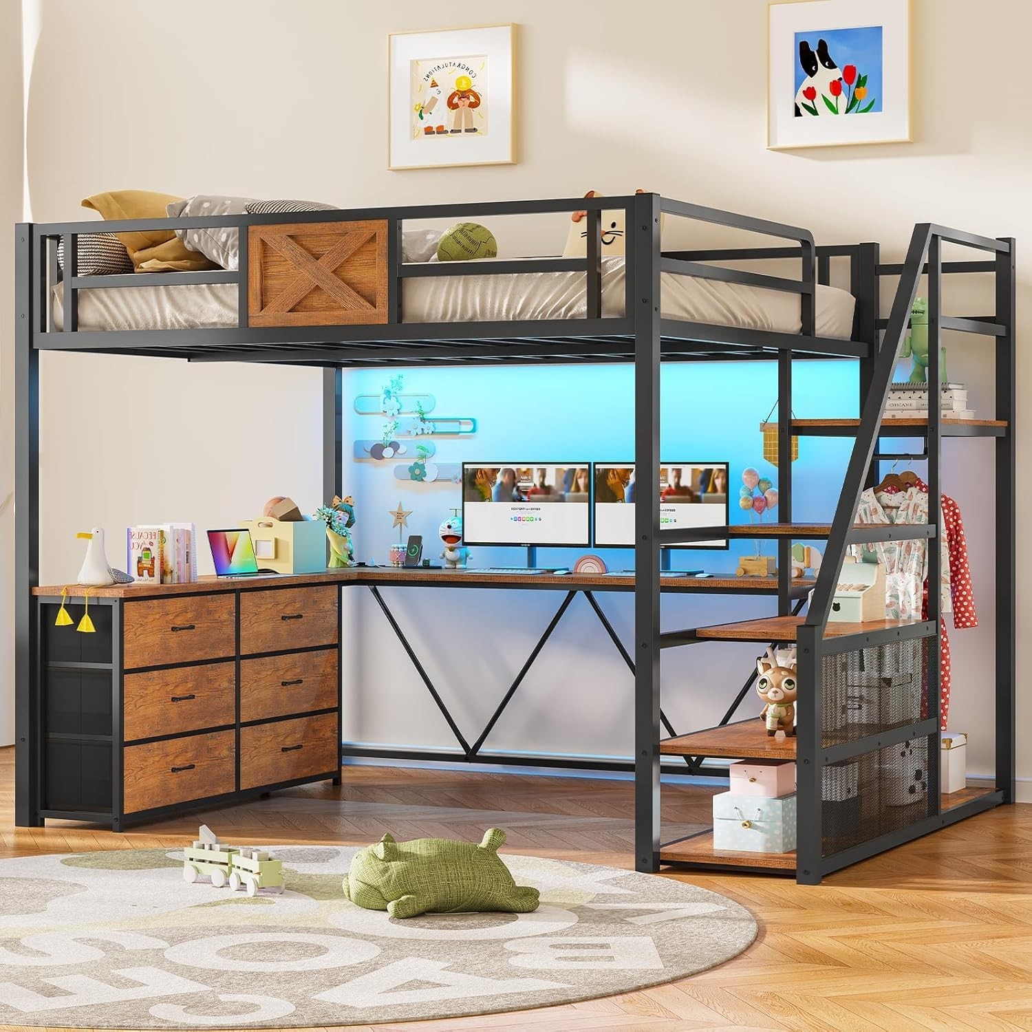 Full Size Loft Bed with Desk &Storage Stairs, Metal Loft Bed w/6 Storage Drawers