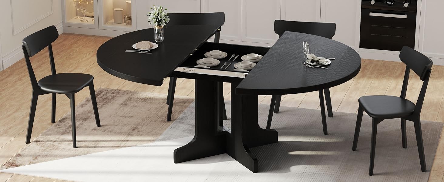 59" Extendable Round Dining Table for 4-6, Modern Kitchen Table with Heavy Duty