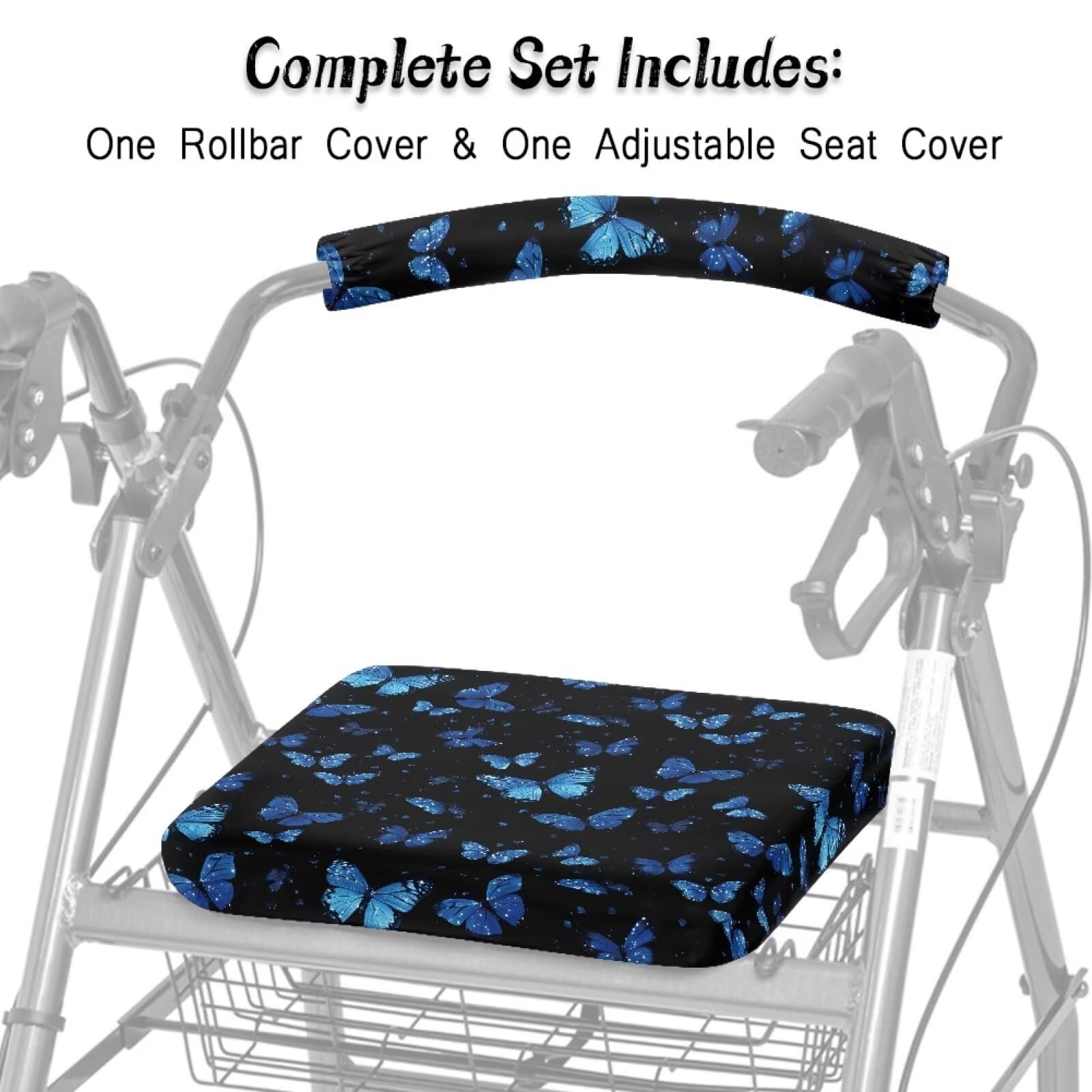 Blue Butterfly Rollator Seat Cushion Back Bar Cover Set Rollator Walker Acces...