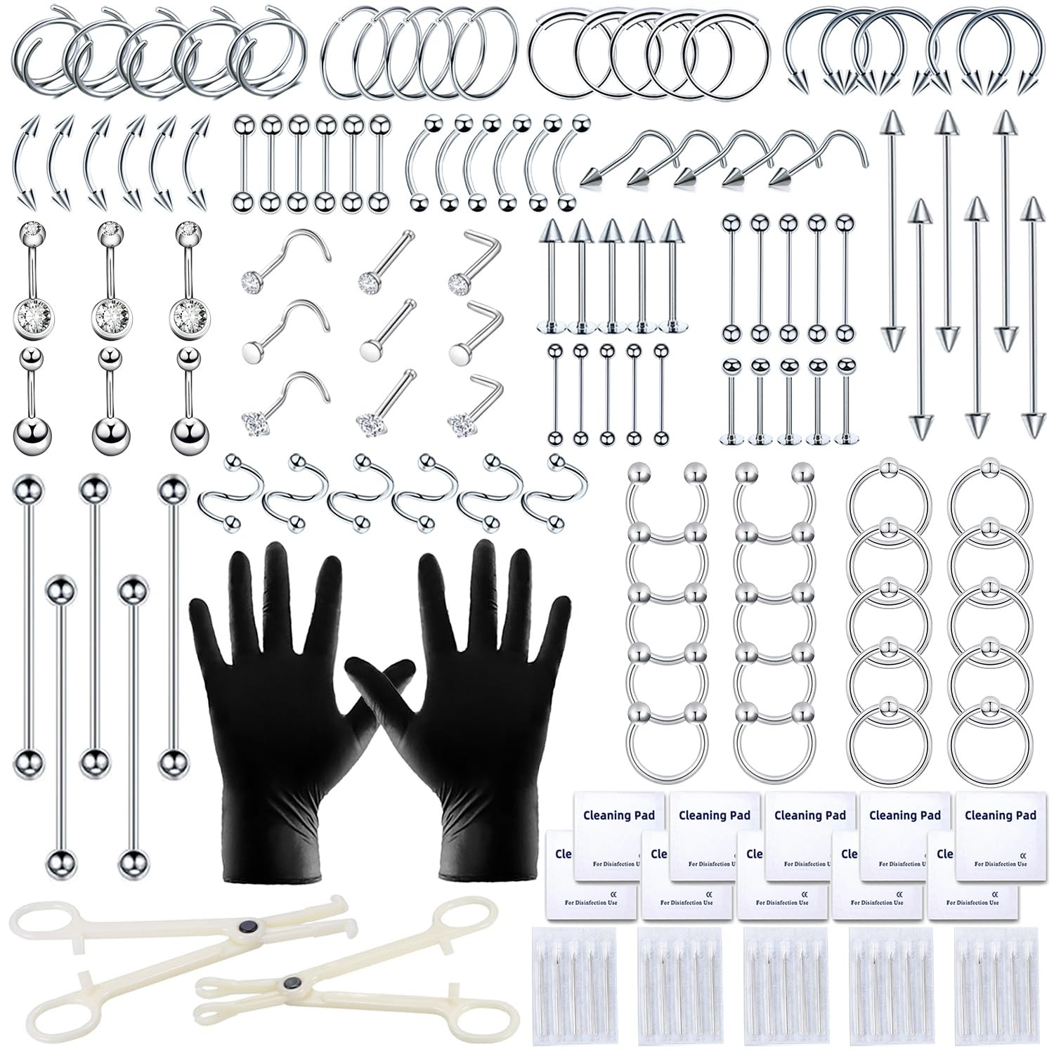 TKKUY 153Pcs Piercing Kit: 12G, 14G, 16G, 20G Needles & 316L 153Pcs, Silver