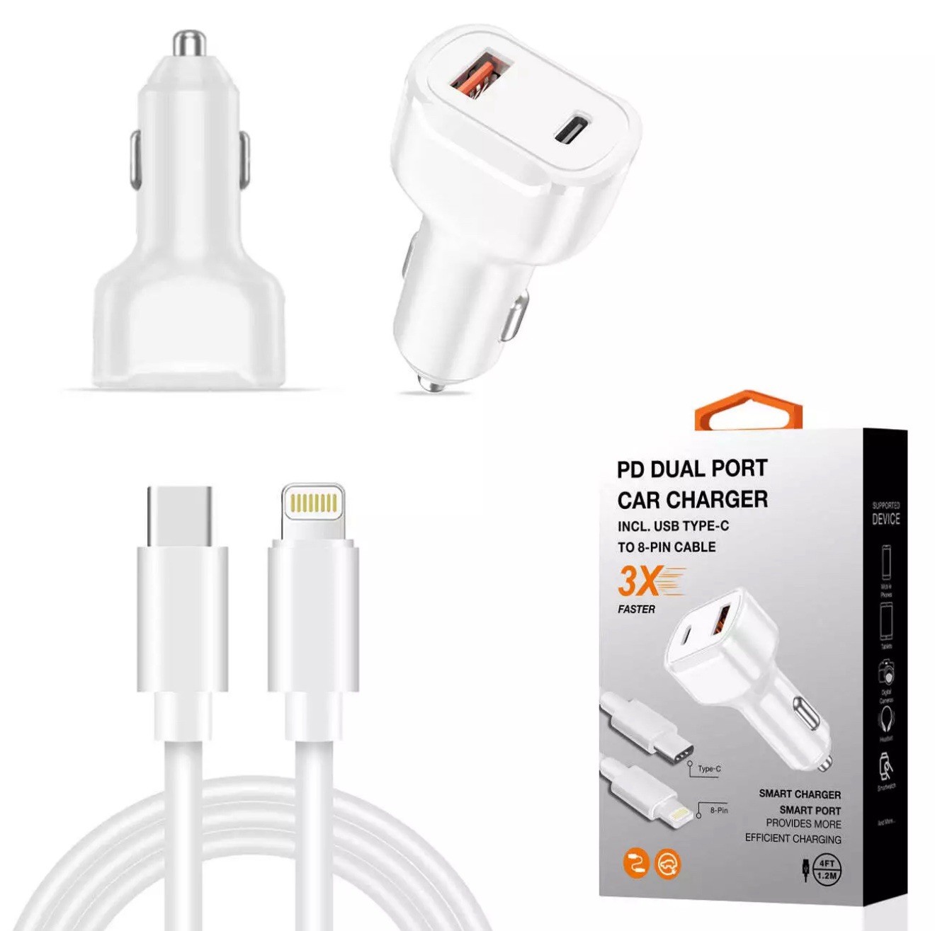 Cargador 36W para Coche con Cable USB-C a 8 Pines para iPhone X, XS, XS Max