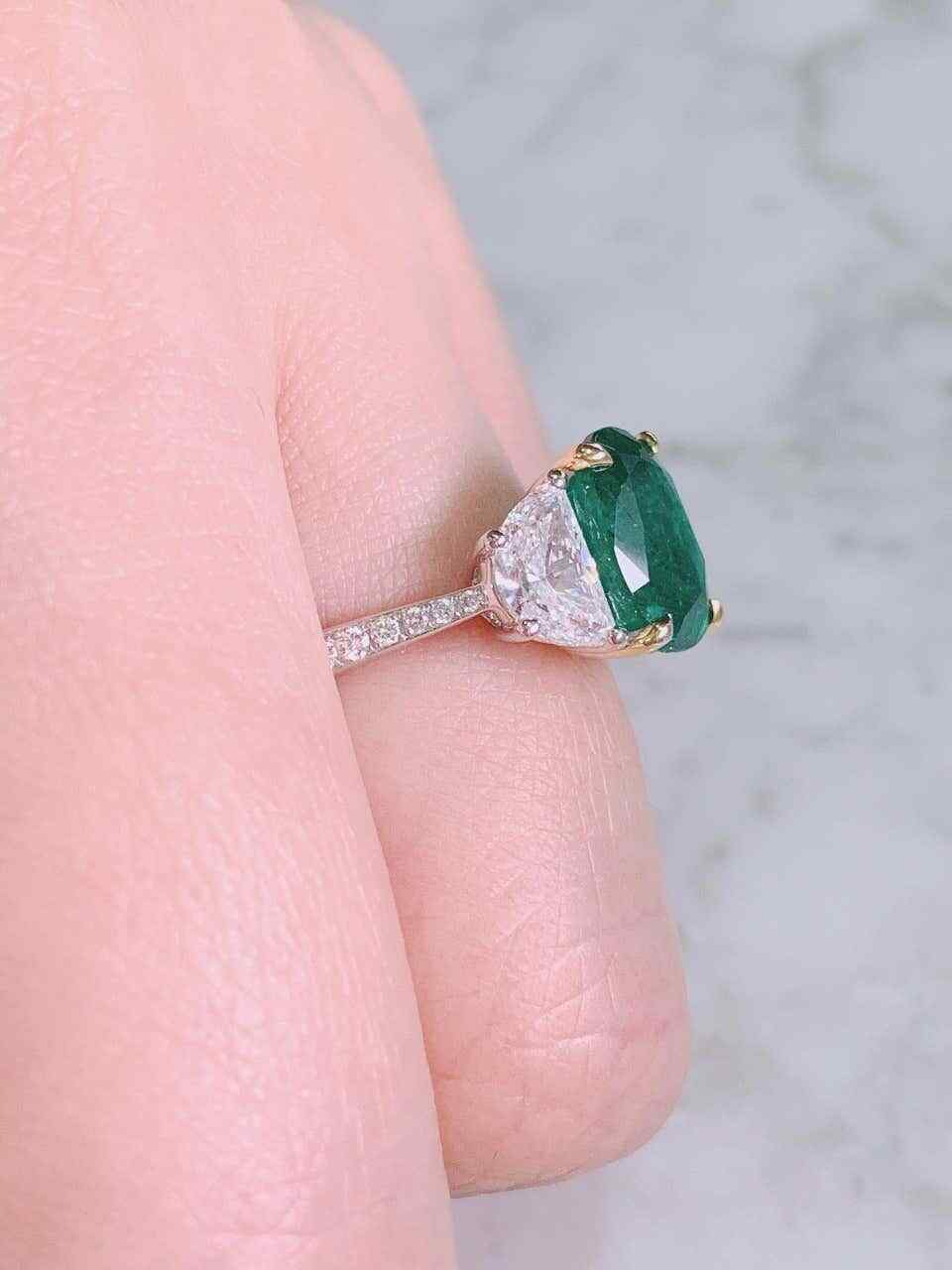 Lab-Created Forest Green 2.3CT Emerald & Two Half Moon Shape CZ Three Stone Ring