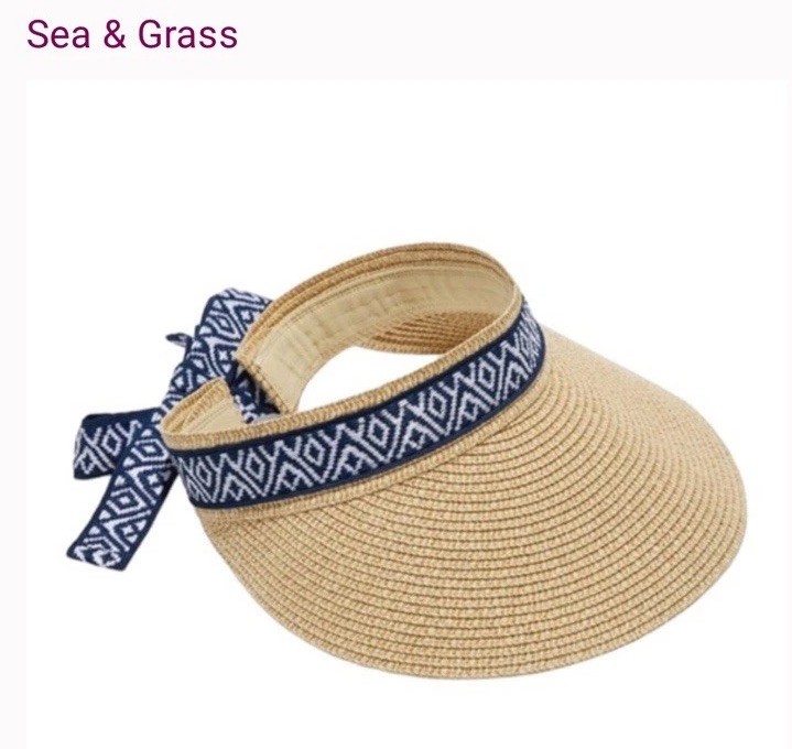 NWT Sea & Grass Sun Visor Straw Adjustable Blue White Tie Packable Hat